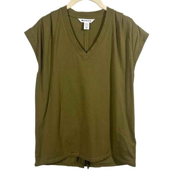 Athleta Outbound‎ Twist Tee Shirt Women's XXS Olive Green Jersey Knit V-Neck - Picture 1 of 7